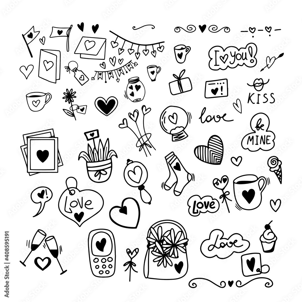 Fototapeta premium Vector illustration Funny hand drawn icons set for St.Valentines Day