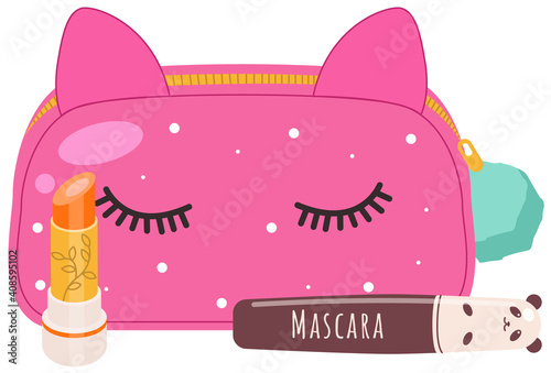 Vector illustration of a cosmetic pink bag with make up concept, lipstick and a mascara eyelash product. Cute funny beautician with ears and eyes and a womens makeup supplies isolated on white