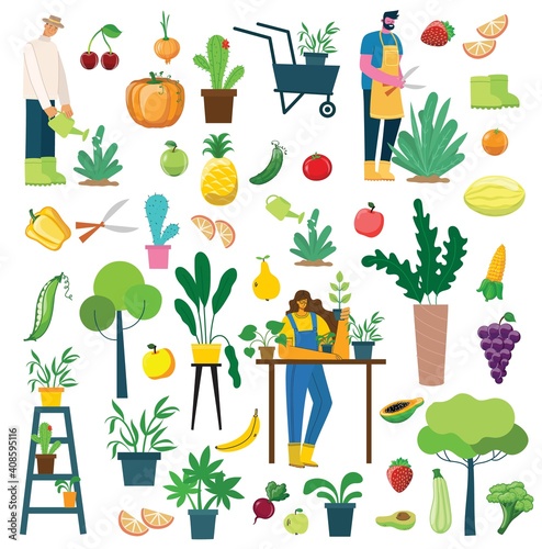 Vector set of village people with organic food, flowers and plants