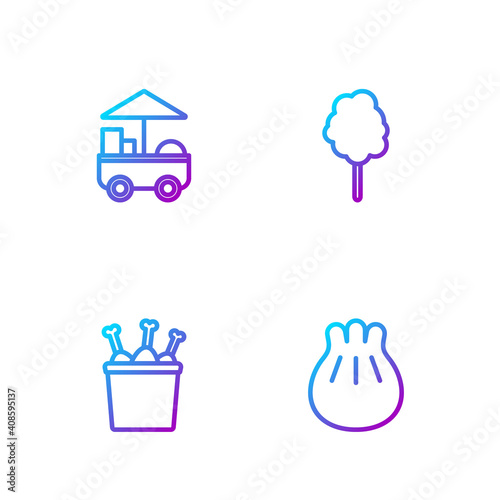 Set line Khinkali on cutting board, Chicken leg package box, Fast street food cart and Cotton candy. Gradient color icons. Vector.