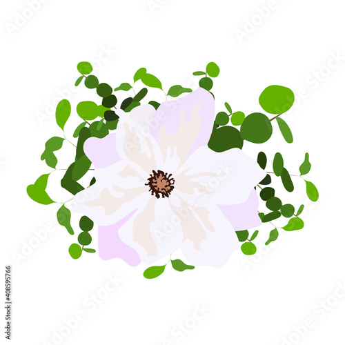 Vector flowers composition. Delicate white roses with eucalyptus leaves illustration for wedding invitation design, decor, souvenirs