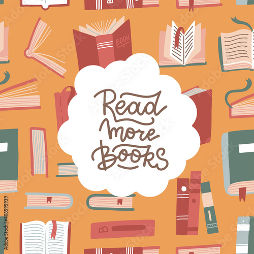 Read more books - lettering card or banner . Concept for book lovers. Various books, stack of books, notebooks. Hand drawn educational flat vector illustration. Everything is isolated