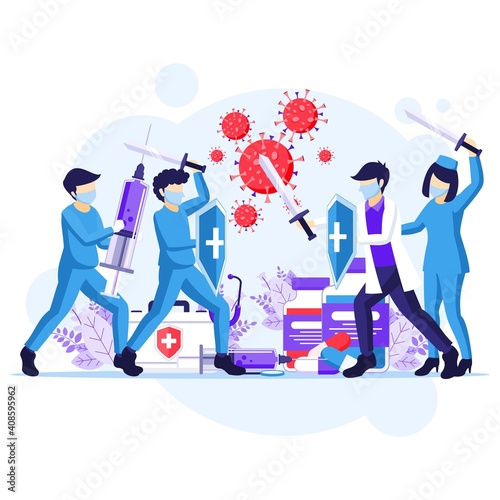Fight the Virus Concept, Doctor and nurses use sword and shield to fighting Covid-19 coronavirus illustration