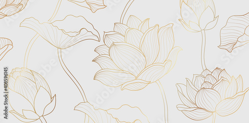 Gold lotus line pattern. Golden design with lotus flower and leaves on white background. Vector illustration.