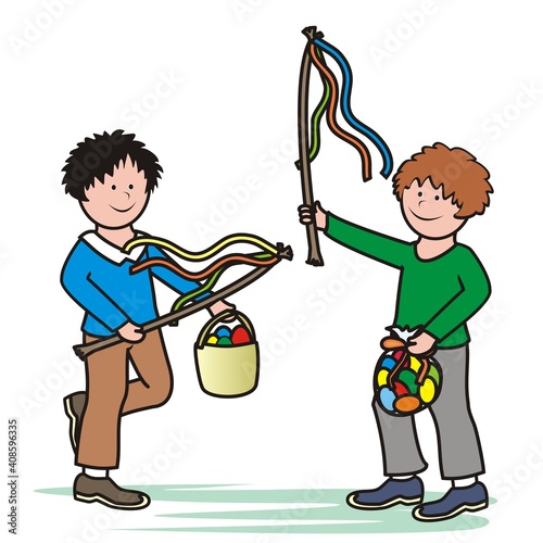 Two carolers, boys, Easter, Czech culture, vector illustration