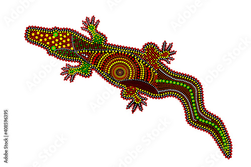 Crocodile isolated on white background. Australia aboriginal crocodile dot painting. Aboriginal styled alligator. Decorative ethnic style. Element for flyer, poster, banner, placard, brochure. Vector