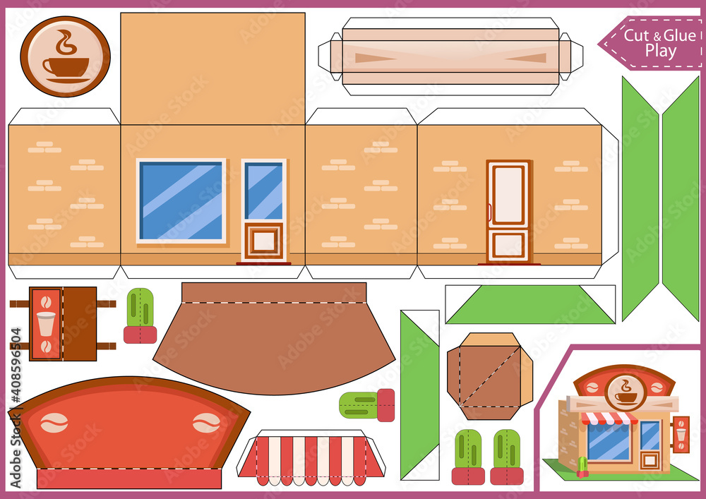 Cut and glue the 3d building. Kids game. Children crafts worksheet and