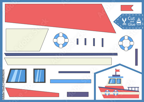 Cut and glue the 3d sail ship. Kids game. Children crafts worksheet and activity page. Diy a paper toys boat. Birthday decor. Vector illustration.