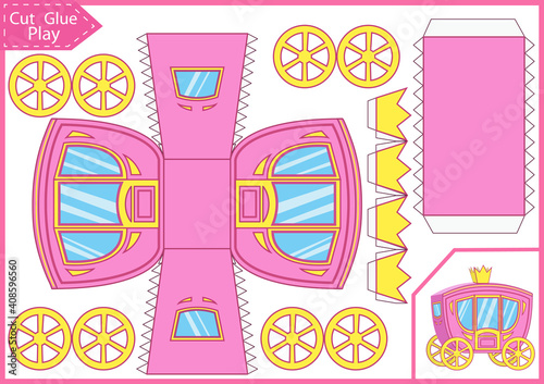 Cut and glue 3d carriage. Kids craft activity page. Children worksheet. Birthday party and baby shower décor. Vector illustration.