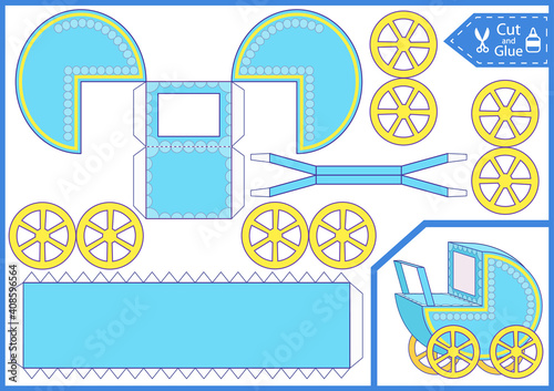 3d baby carriage. Baby shower blue invitation and decor. Kids worksheet. Cut and glue a paper. Crafts activity page. Vector illustration.