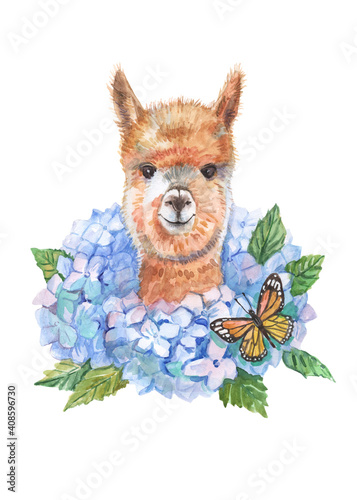 Llama and hydrangeas handmade watercolors