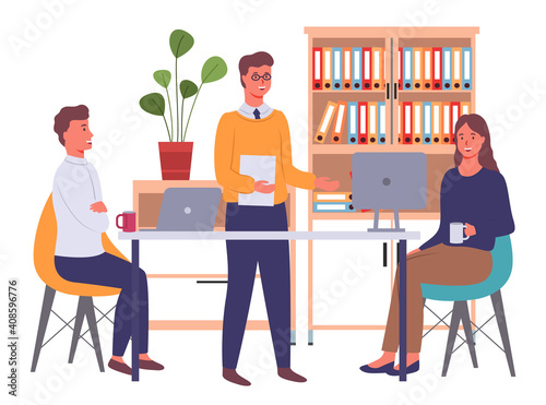 Businesspeople communicating, discuss a project. Colleagues meeting, working process. Man manager sitting at a table with laptop in office space, talking. Friendly conversation between employees