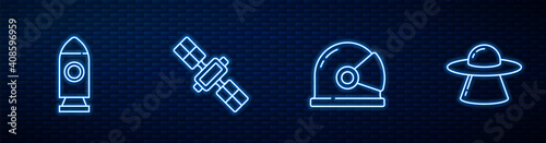 Set line Astronaut helmet, Rocket ship, Satellite and UFO flying spaceship. Glowing neon icon on brick wall. Vector.