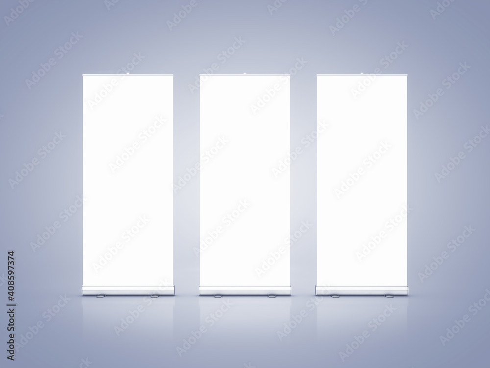Blank rollup banners. Empty presentation mockup stands. Blank rollup banners. Empty presentation mockup stands.