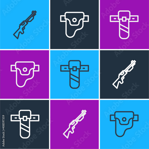 Set line Hunting gun, Knife holster and Gun icon. Vector.