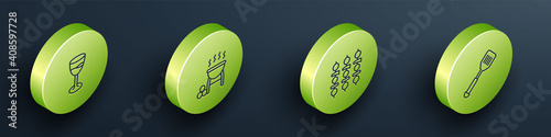 Set Isometric line Wine glass, Barbecue grill, Grilled shish kebab and Spatula icon. Vector.