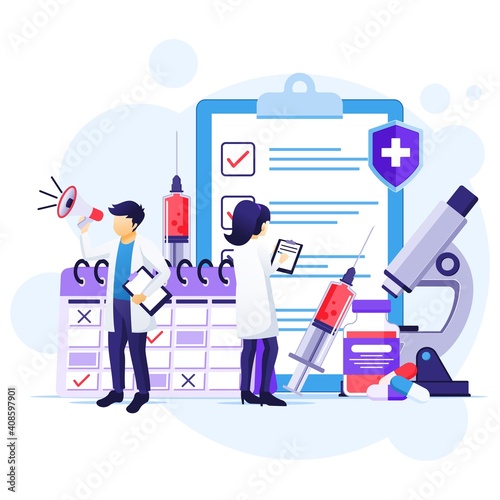 Vaccination concept, cure for Corona virus, time to vaccinate, doctors with syringe, vaccine bottle illustration