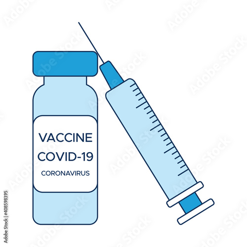 Concept COVID-19 vaccination, one ampoule of vaccine and a syringe, a medical poster in shades of blue. Vector illustration in the style of a flat icon isolated on a white background