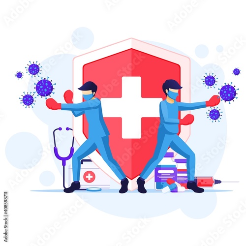 People fight Covid-19 coronavirus concept, doctor and nurses punch virus cells illustration