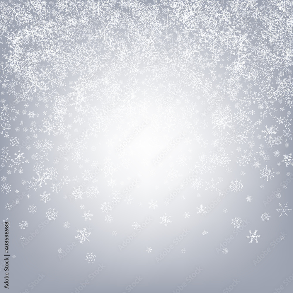 Silver Snow Vector Gray Background. Sky Snowfall