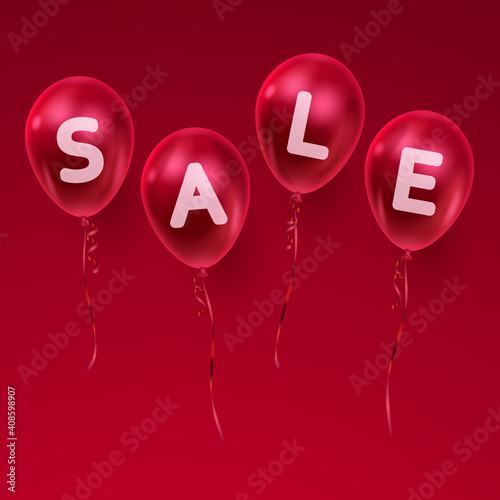 Poster for Sale with red ballons and text, letters on red background. Vector Holiday illustration for decor, design, arts, advertising.