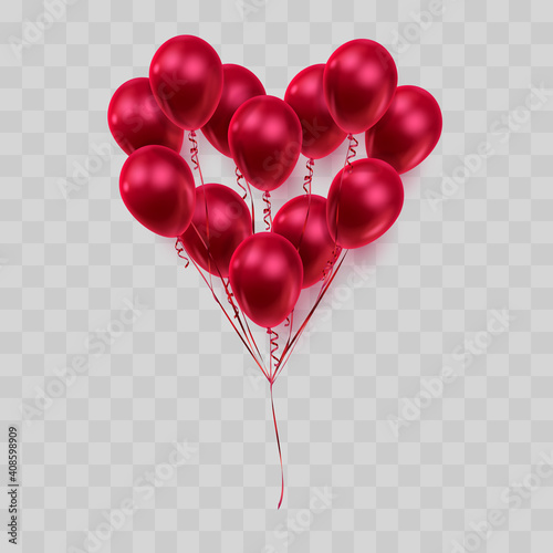 Heart of red realistic ballons with reflex and red ribbons. Vector illustration for card, party, design, flyer, poster, decor, banner, web, advertising.