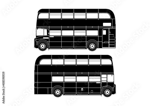 Double decker bus. Silhouette of vintage London double decker. Side view. Flat vector.