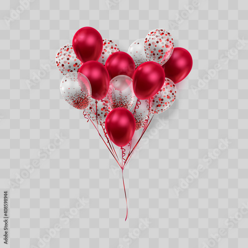Heart of realistic ballons, red, transparent with confetti, paper circles with reflex and red ribbons. Vector illustration for card, party, design, flyer, poster, decor, banner, web, advertising.