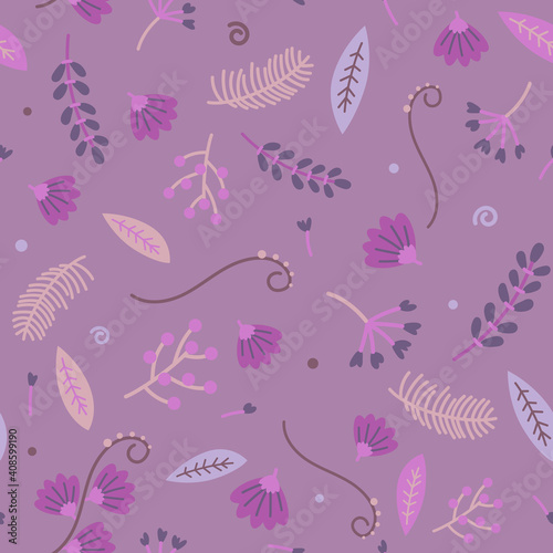 Seamless pattern of purple, pink handdrown flowers and blue, gray leafs and plants on dark violet background. Vector illustration.