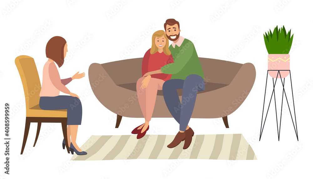 Happy married couple on couch and female psychologist or psychotherapist sitting in front of them in consultation. Resolved family conflict, relationship problem, reconciliation flat illustration Happy married couple on couch and female psychologist or psychotherapist sitting in front of them in consultation. Resolved family conflict, relationship problem, reconciliation flat illustration