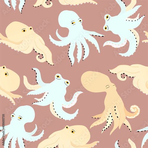 Vector seamless pattern with octopuses in hand-drawn style . Beautiful seamless pattern. Vector  print for fabric or wallpaper.