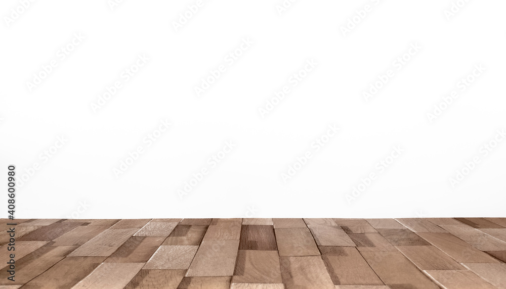 Arrière-plan blanc avec support de bois pour présentation d'objets publicitaires pour promotion de produits. Aspect sol en bois, fond blanc uni.	