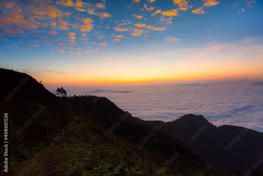 Sunrise at Phu chee dao peak of mountain in Chiang rai, Thailand.