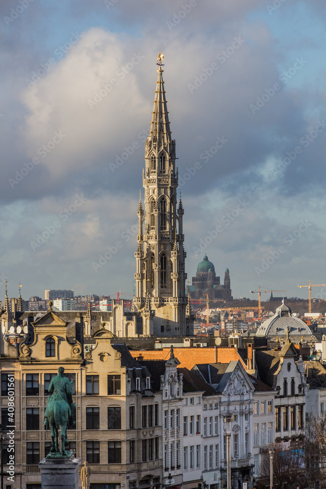 Skyline of Brussels, capital of Belgium, with the Town Hall tower.
