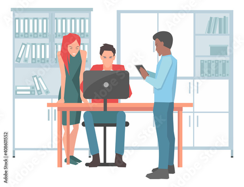 Business meeting colleagues or partners. Businessman chief sitting at a desk in office interior listening to manager s explanation. Male character talking to boss about project management planning
