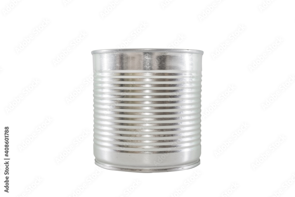 Close-up various metal and white tin can on white background separated shot. Close-up various metal and white tin can on white background separated shot.