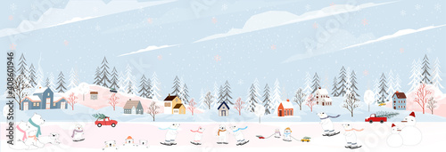 Winter landscape, Celebrating Christmas and new year in village at night with happy polar bear playing playing ice skates in the park ,Vector of horizontal banner winter wonderland in countryside