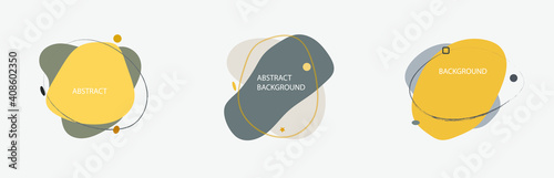 set of three abstract vector banners. Geometric liquid forms. Template bagdes. Modern design. Dynamic fluid banners shapes. Minimal curvy design. Grey and yellow colors modern template. 