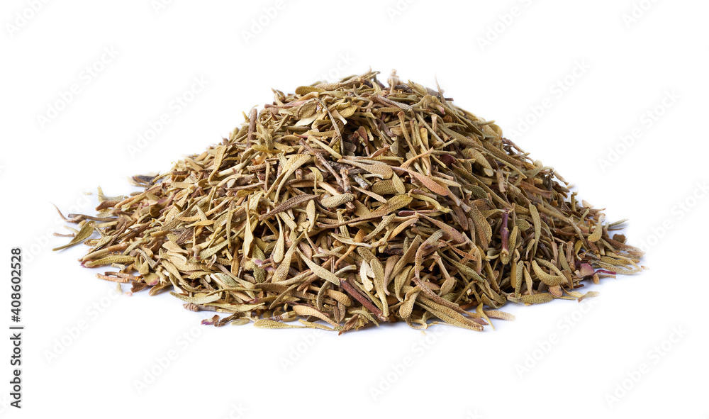 the pile of dry thyme leaves isolated on white background with clipping path the pile of dry thyme leaves isolated on white background with clipping path