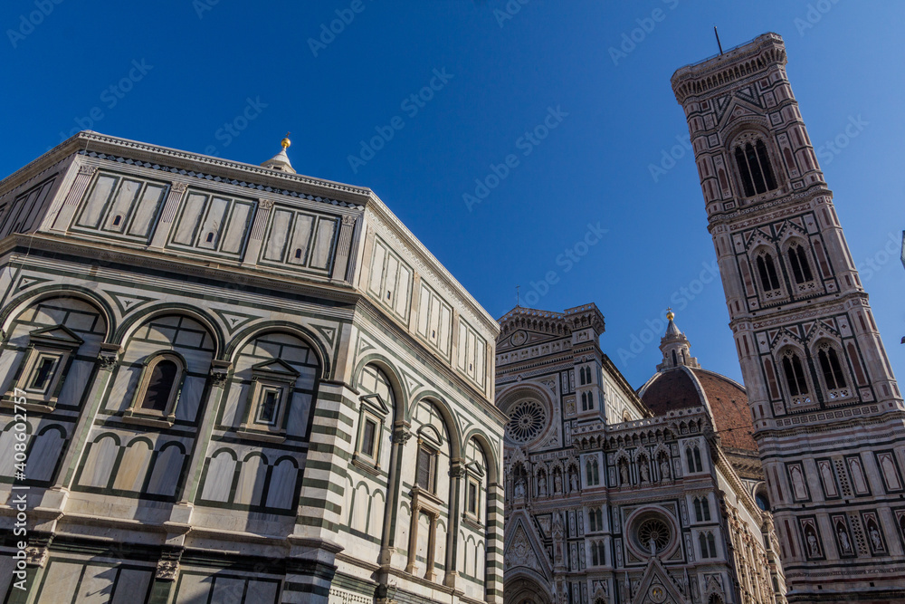 The Baptistery of St. John, Cathedral of Santa Maria del Fiore and Giotto's Bell Tower in Florence, Italy