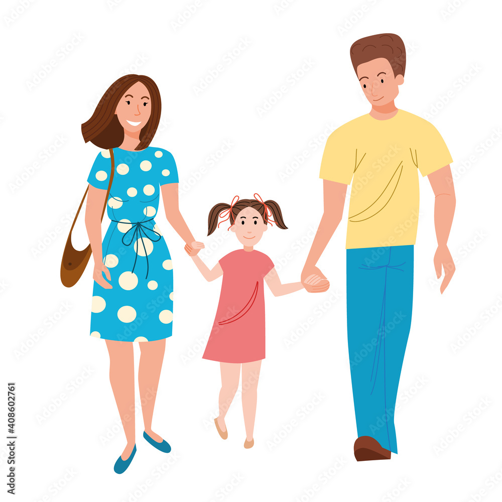 A couple of parents walk with their daughter holding hands. Isolated white background. A happy family walks with a child. Vector illustration in a flat style.