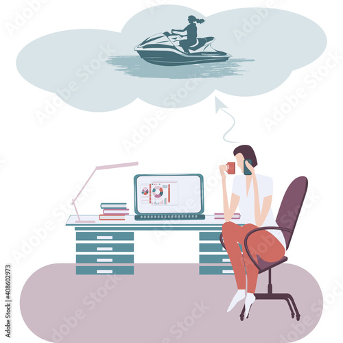 Remote work, a girl dreams of riding a jet ski - vector. Travel planning. Hypothetically active rest.