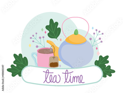 Tea time kettle and cup fresh plants natural