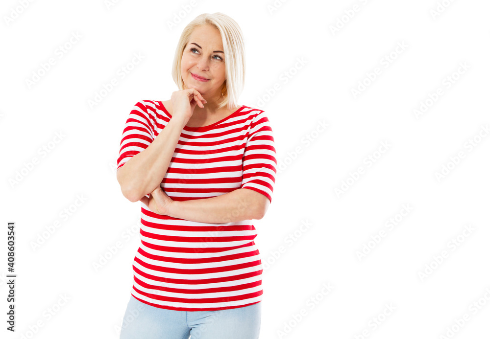 Middle age woman portrait on white, beautiful happy adult woman isolated Middle age woman portrait on white, beautiful happy adult woman isolated