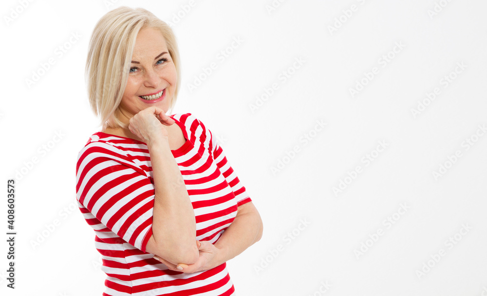 Middle age woman portrait on white, beautiful happy adult woman isolated Middle age woman portrait on white, beautiful happy adult woman isolated