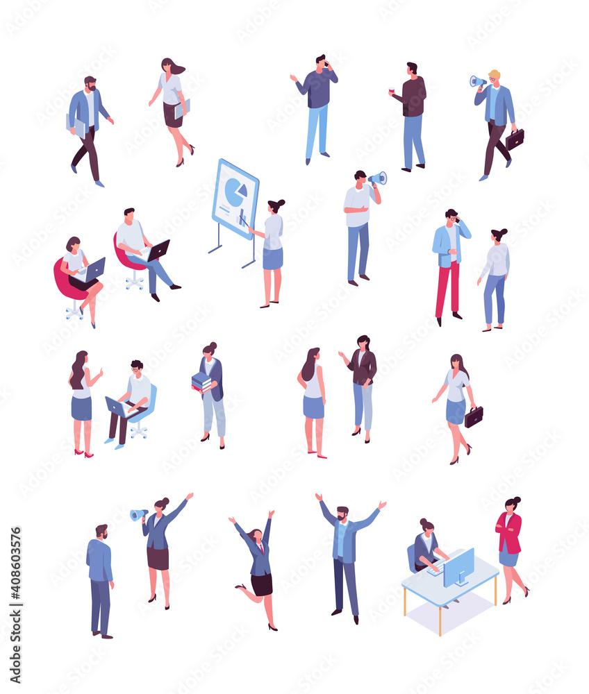 Isomeric business people vector set. Office life. Flat vector characters isolated on white background..