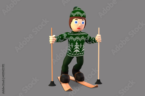 3d rendering illustration, games in the winter outdoors, a man is skiing, isolate on gray background.