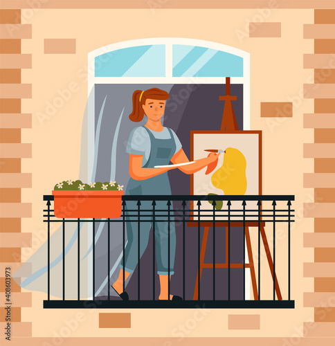 A girl draws on the balcony in her house. Female character painter at home doing hobby. Young woman writes a landscape and looks out the window. reative character daily life routine, relaxing time