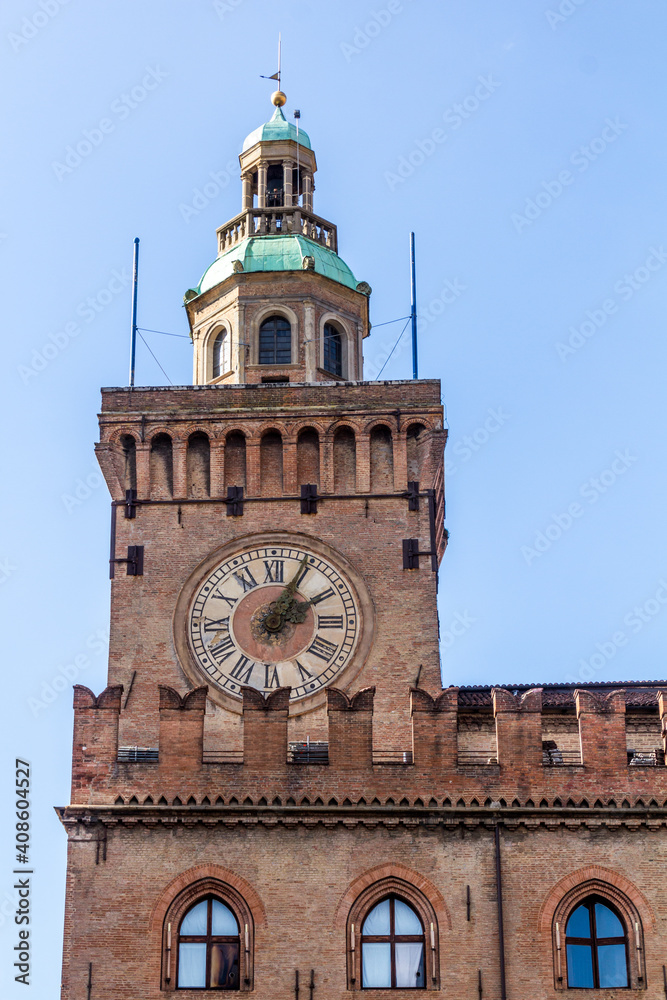 Palazzo d'Accursio palace tower in Bologna, Italy