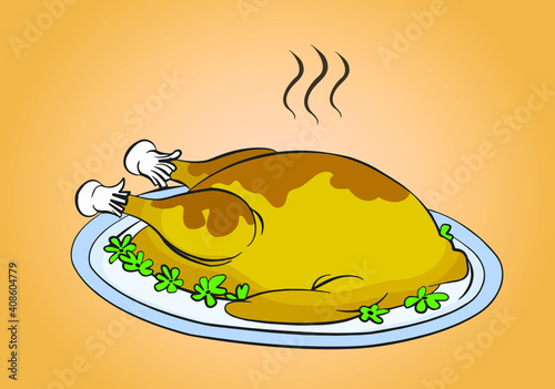 Vector illustration of the whole fried chicken in white plate. Isolated object on warm background.